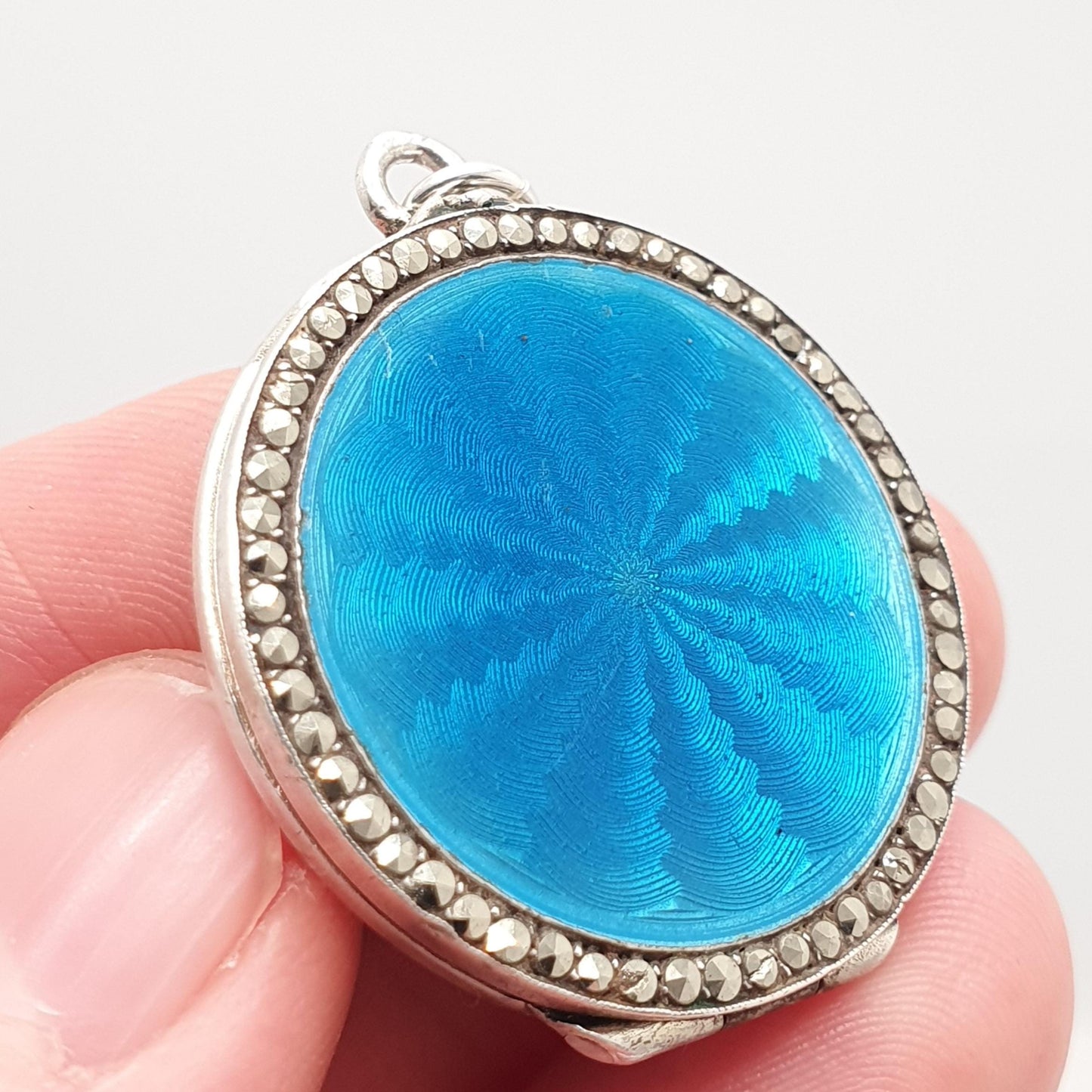 Antique Guilloche Enamel Solid Silver Locket Art Deco Marcasite Border Pendant Necklace Blue Photo Picture Jewelry Jewelry
