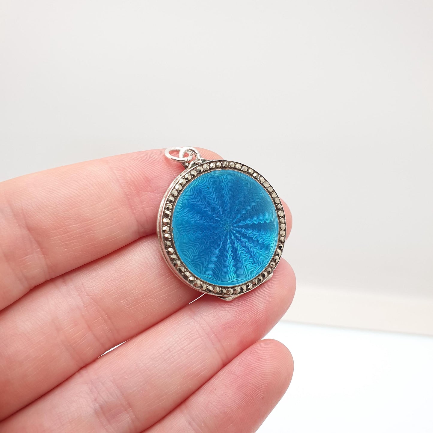 Antique Guilloche Enamel Solid Silver Locket Art Deco Marcasite Border Pendant Necklace Blue Photo Picture Jewelry Jewelry