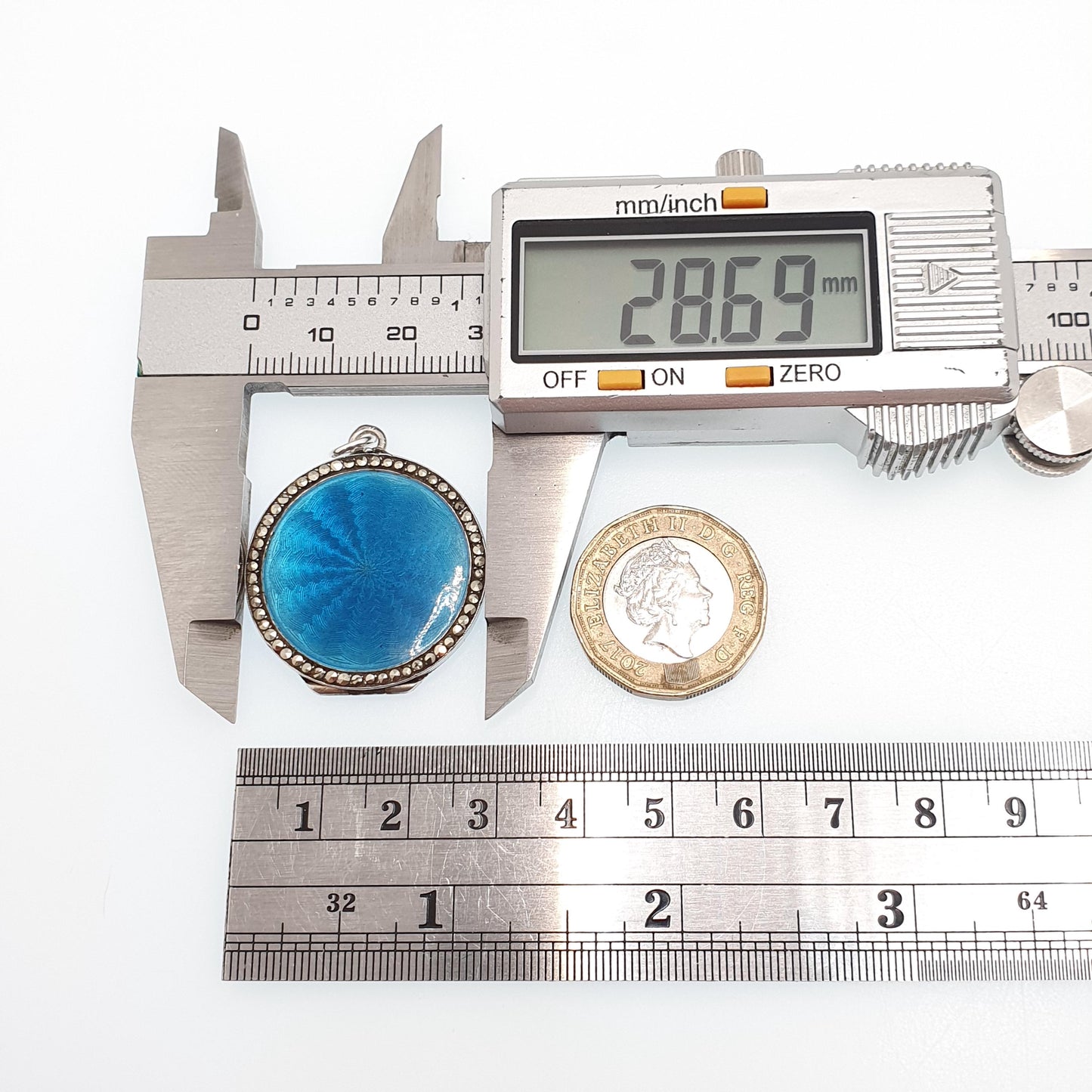 Antique Guilloche Enamel Solid Silver Locket Art Deco Marcasite Border Pendant Necklace Blue Photo Picture Jewelry Jewelry