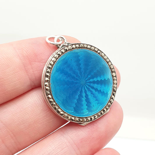 Antique Guilloche Enamel Solid Silver Locket Art Deco Marcasite Border Pendant Necklace Blue Photo Picture Jewelry Jewelry