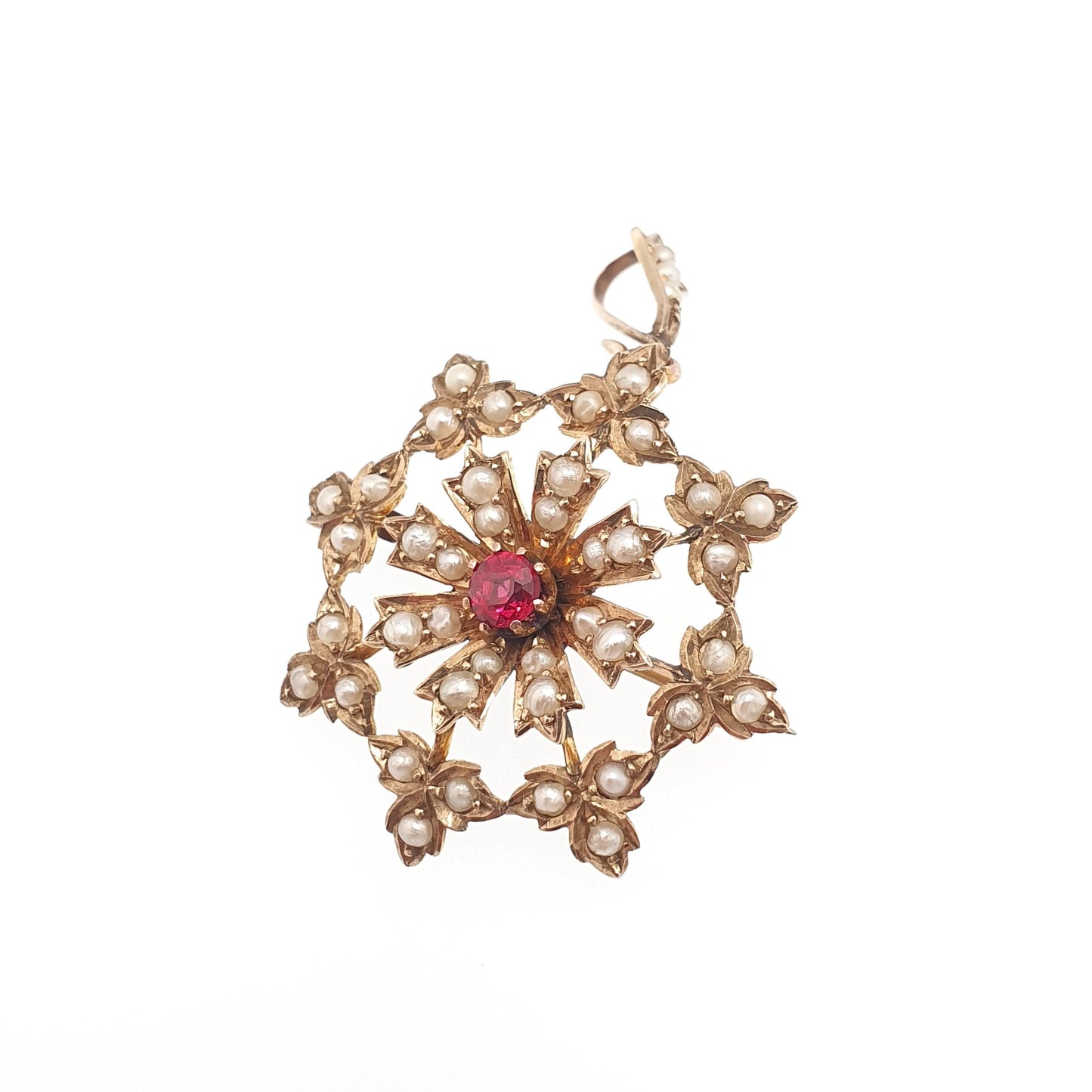 Antique 9ct Gold Garnet Necklace Pendant Seed Pearl Flower Brooch Solid 9k 9kt Art Nouveau Vintage Jewelry Jewellery