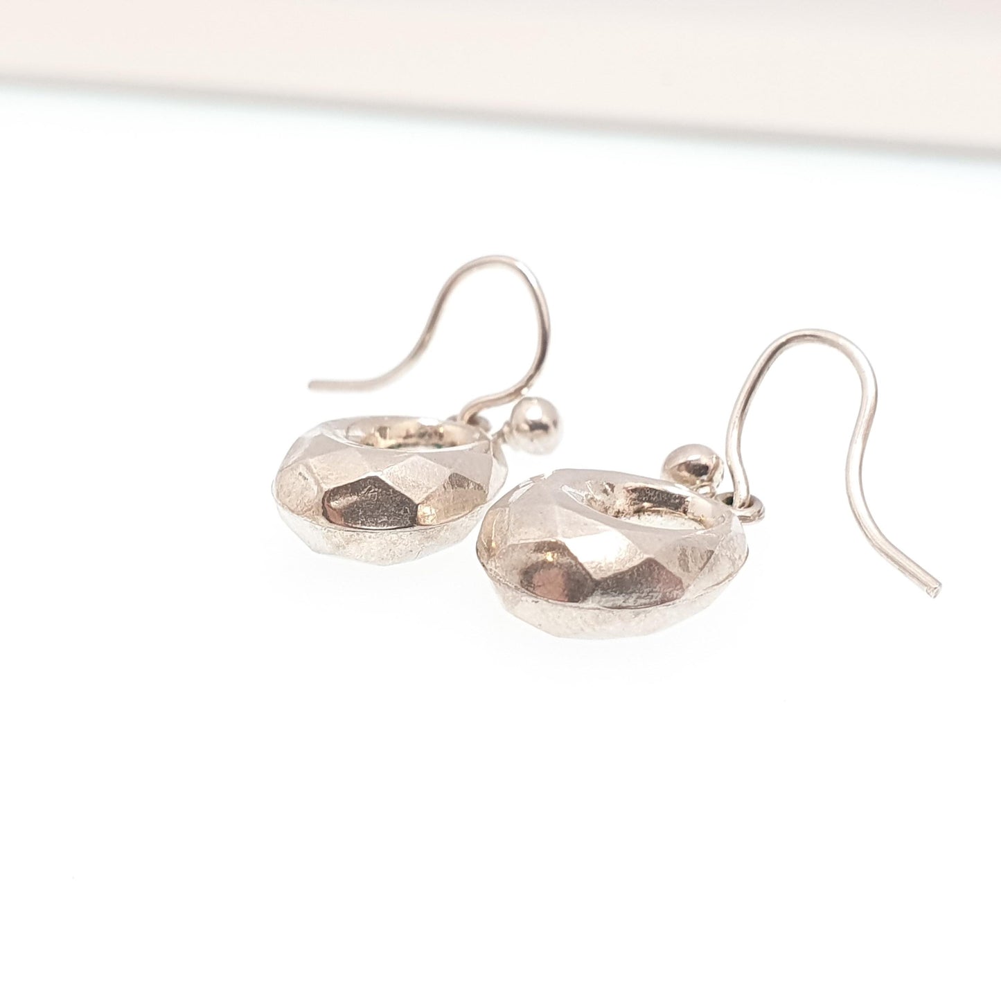 Antique Victorian Solid Silver Creole Hook Earrings Faceted Gypsy Etruscan Genuine 1800s Vintage Jewelry Jewellery