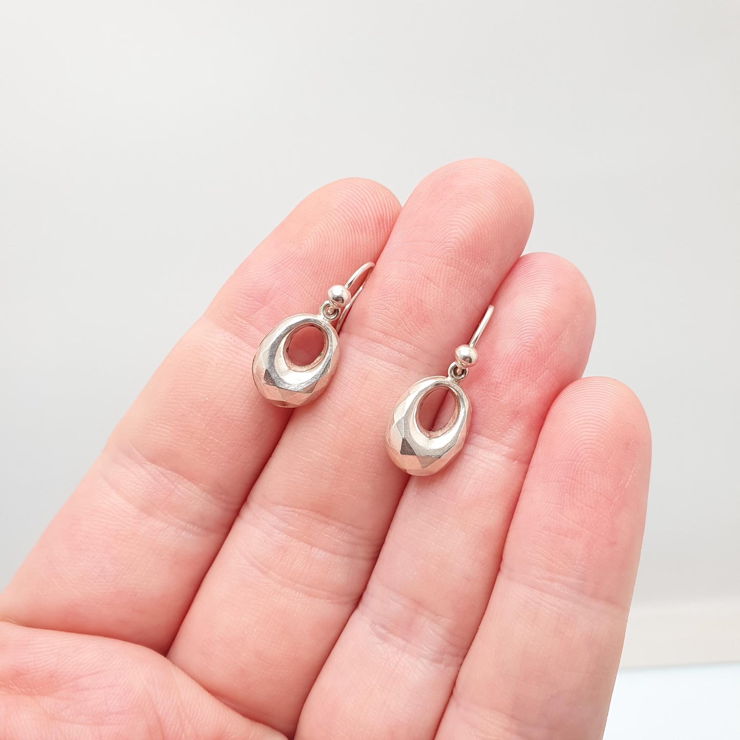 Antique Victorian Solid Silver Creole Hook Earrings Faceted Gypsy Etruscan Genuine 1800s Vintage Jewelry Jewellery