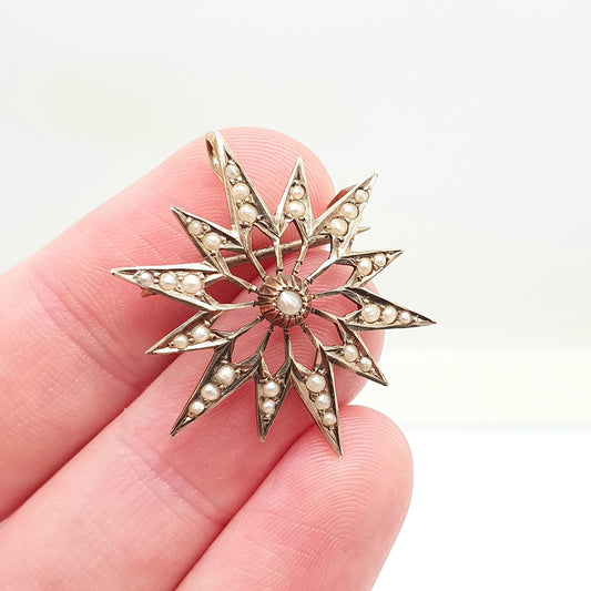 Antique 9ct 9k Gold Star Pendant Seed Pearl Necklace  Solid 9k 9kt 375 Celestial Vintage Jewellery Jewelry