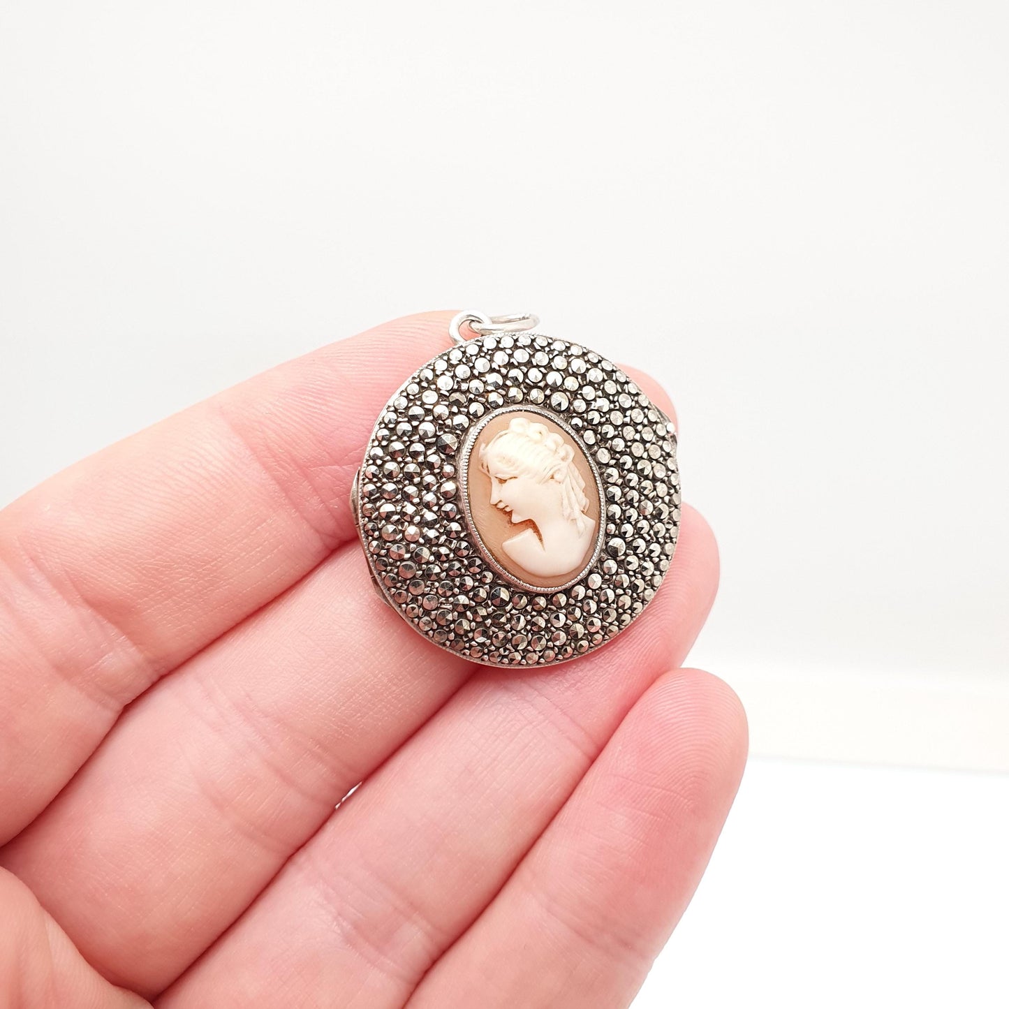 Antique Solid Silver Cameo Locket Art Deco Marcasite Set Large Big Pendant Filigree Hand Set and Carved Shell Necklace Pendant