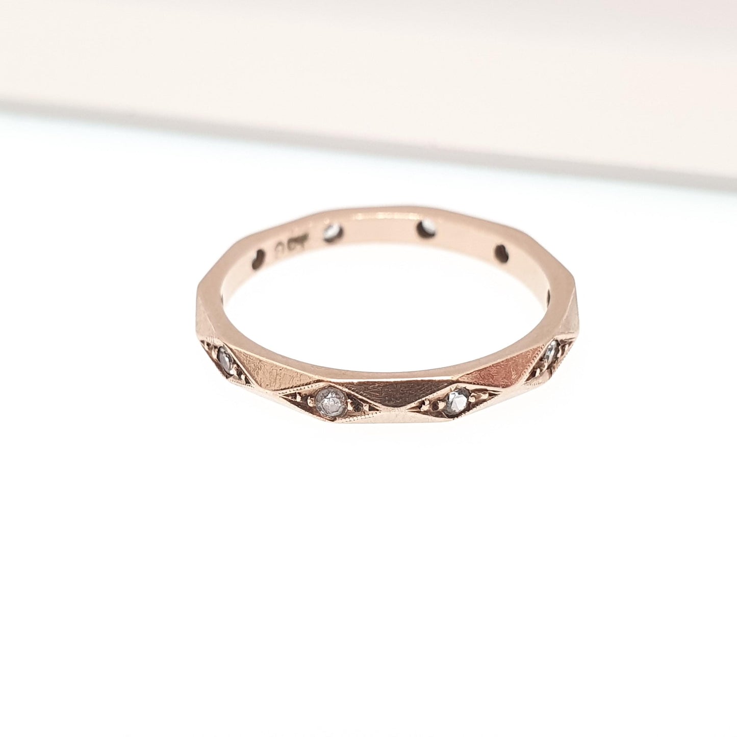 Antique 9ct Rose Gold Faceted Eternity Ring White Spinel Art Deco 1920s Full Band Angled Gemstone Solid 9k 375 Vintage Jewelry Jewellery