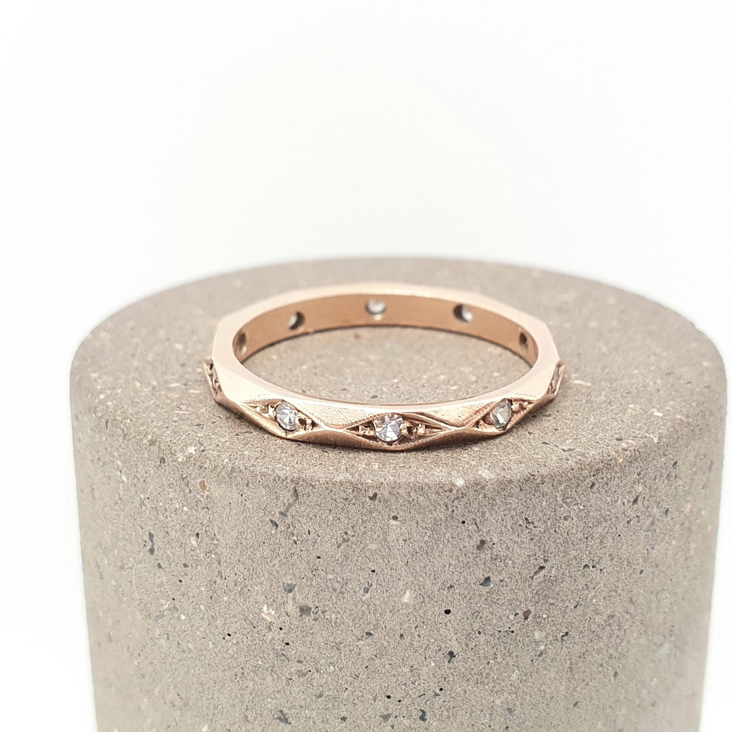 Antique 9ct Rose Gold Faceted Eternity Ring White Spinel Art Deco 1920s Full Band Angled Gemstone Solid 9k 375 Vintage Jewelry Jewellery