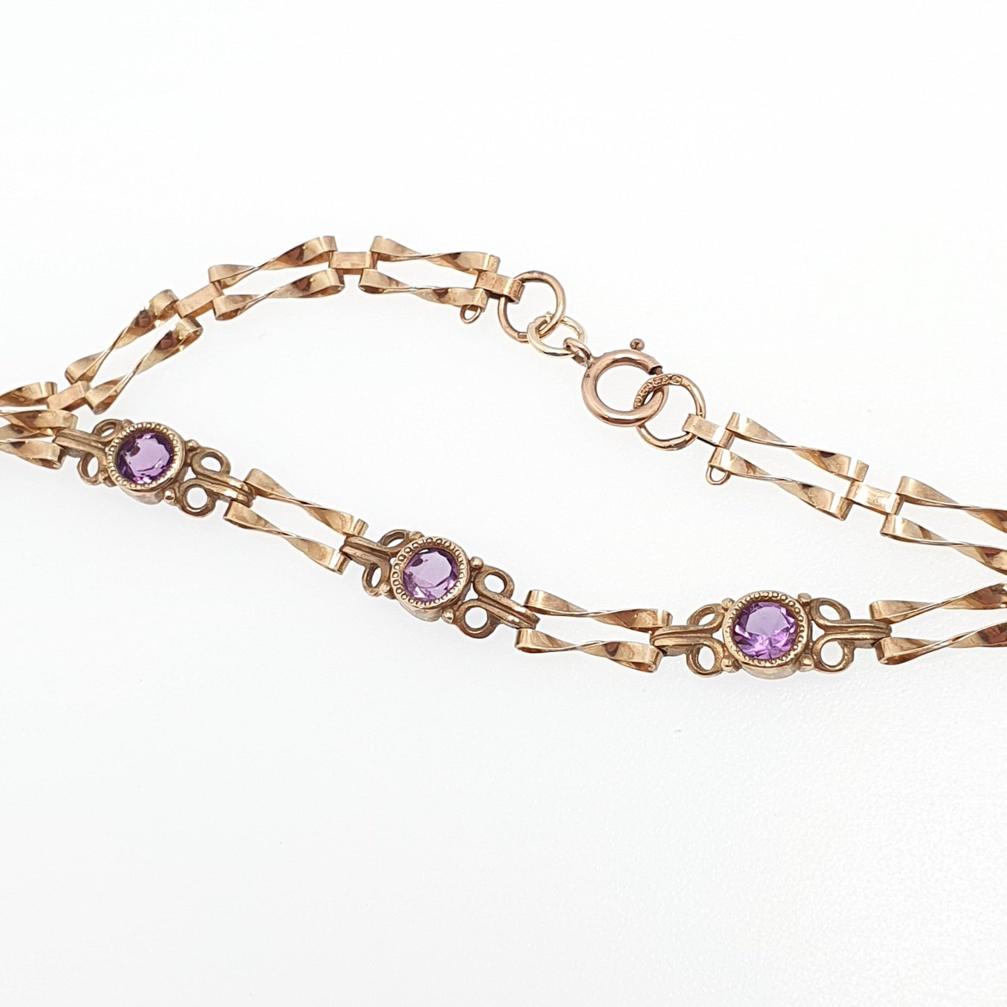 Vintage 9k 9ct Gold Amethyst Bracelet Gate Link Chain 19cm 7.5" 3.10g Hallmarked Solid 9kt Genuine Gemstone Jewellery Jewelry