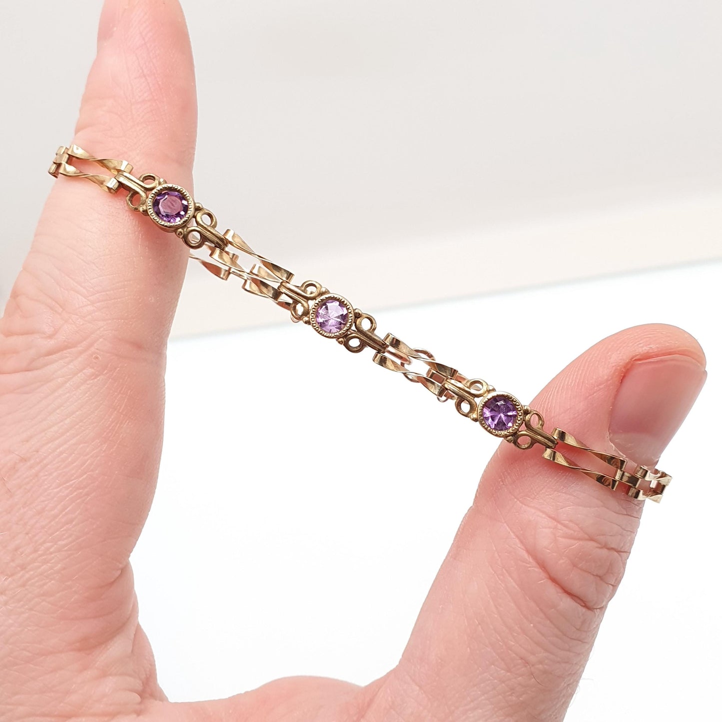 Vintage 9k 9ct Gold Amethyst Bracelet Gate Link Chain 19cm 7.5" 3.10g Hallmarked Solid 9kt Genuine Gemstone Jewellery Jewelry