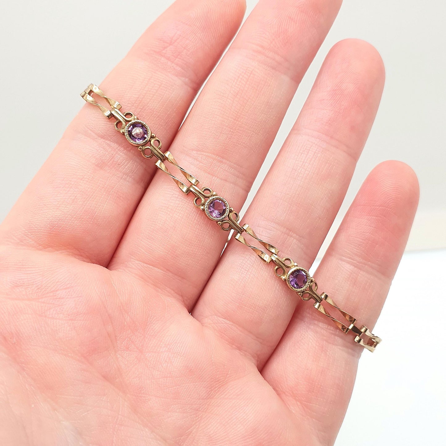 Vintage 9k 9ct Gold Amethyst Bracelet Gate Link Chain 19cm 7.5" 3.10g Hallmarked Solid 9kt Genuine Gemstone Jewellery Jewelry