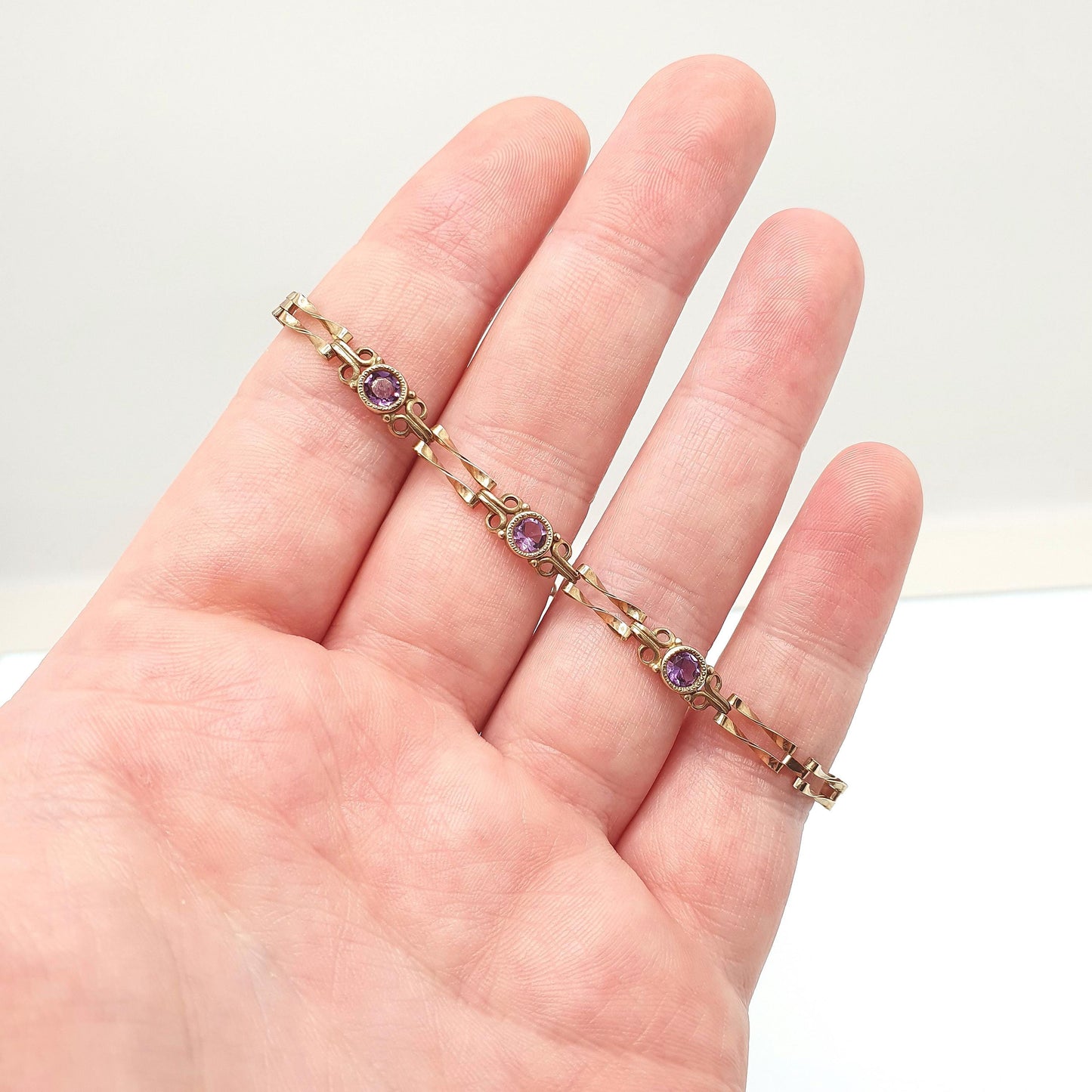 Vintage 9k 9ct Gold Amethyst Bracelet Gate Link Chain 19cm 7.5" 3.10g Hallmarked Solid 9kt Genuine Gemstone Jewellery Jewelry