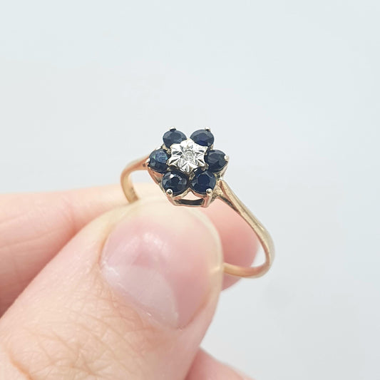 Vintage 9ct Gold Sapphire & Diamond Cluster Ring Halo Solid 9k 9kt Genuine Gemstone Retro Jewelry Jewellery Women’s