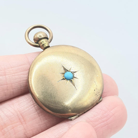 Antique Victorian Rolled Gold Turquoise Glass Locket Pocket Watch Style Gold Fillled Vintage Necklace Womens Ladies Jewellery Jewelry