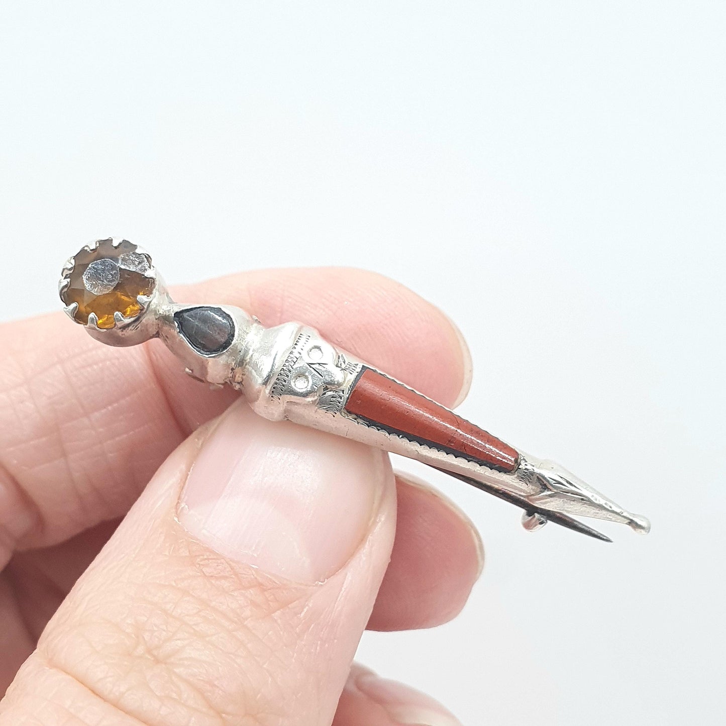 Antique Victorian Solid Silver Scottish Dirk Pin Jasper Agate and Citrine Paste Orange Red Stones Scotland Womens Jewelry Jewellery Mens