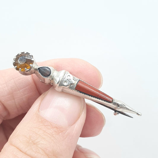 Antique Victorian Solid Silver Scottish Dirk Pin Jasper Agate and Citrine Paste Orange Red Stones Scotland Womens Jewelry Jewellery Mens