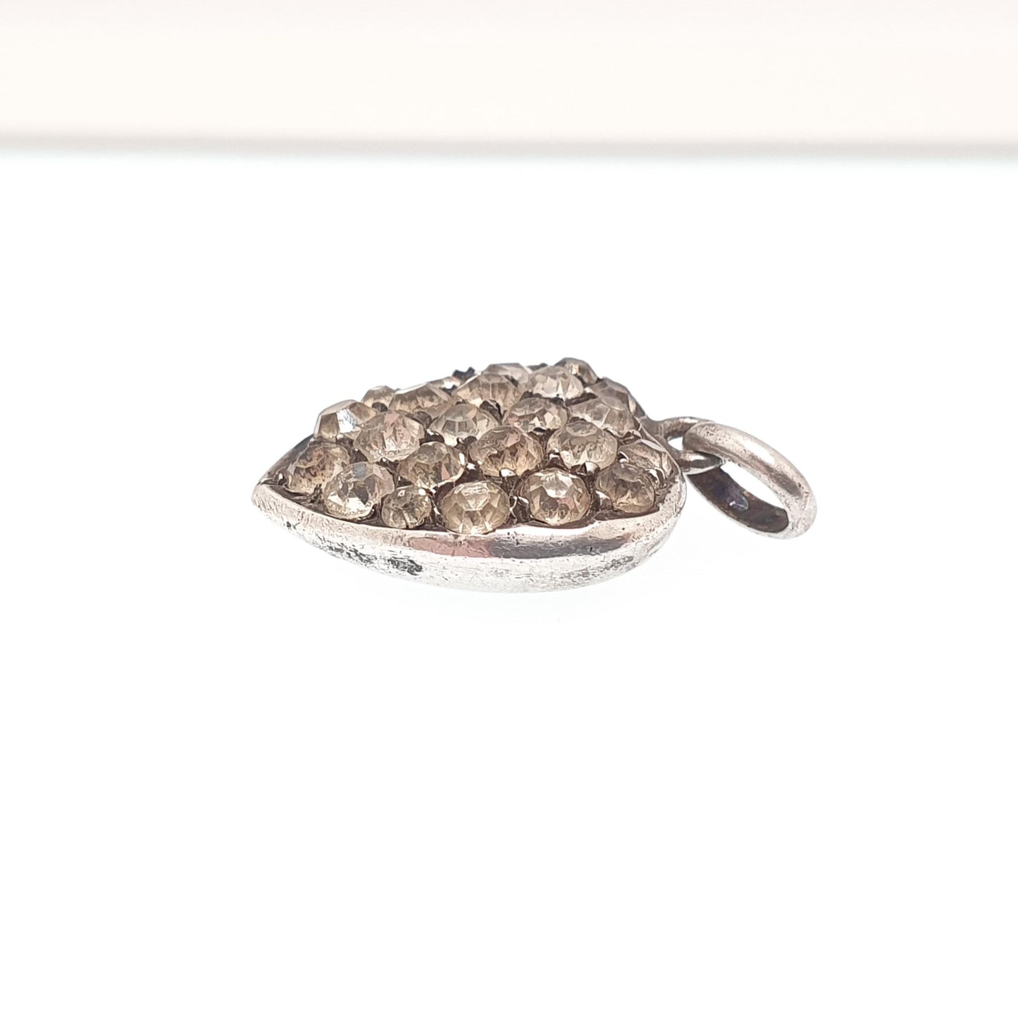 Antique Solid Silver Diamond Paste Heart Pendant Necklace Victorian Puffer Charm Old Cut Ornate Sparkly Vintage Womens Jewellery Jewelry