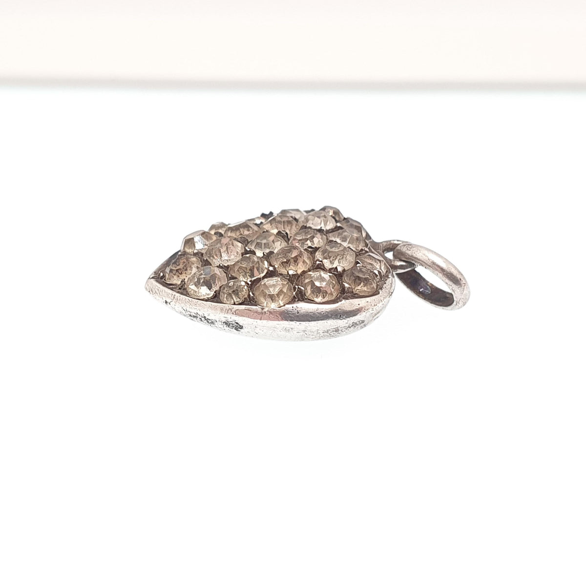 Antique Solid Silver Diamond Paste Heart Pendant Necklace Victorian Puffer Charm Old Cut Ornate Sparkly Vintage Womens Jewellery Jewelry