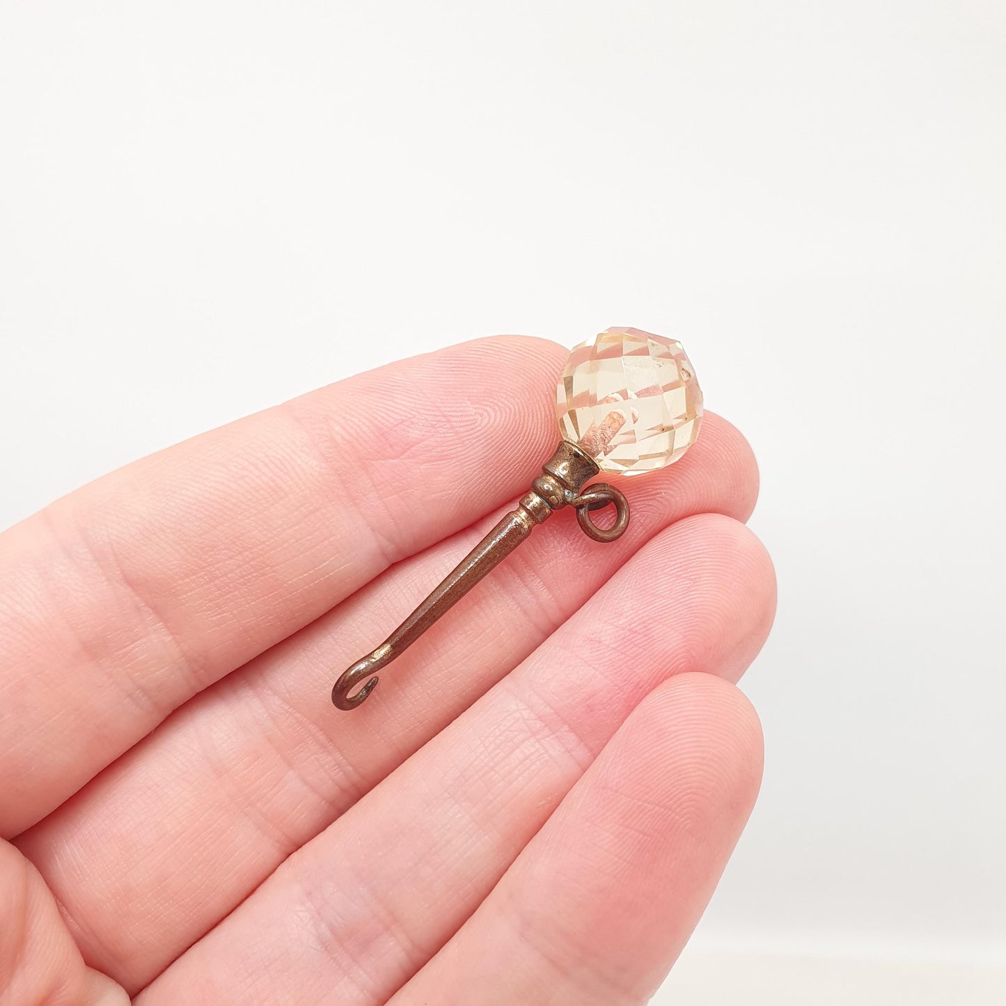 RESERVED/SOLD DON Citrine Button Hook Pendant Necklace Victorian Base Metal Genuine Bead Beall Quartz Buttons Sewing