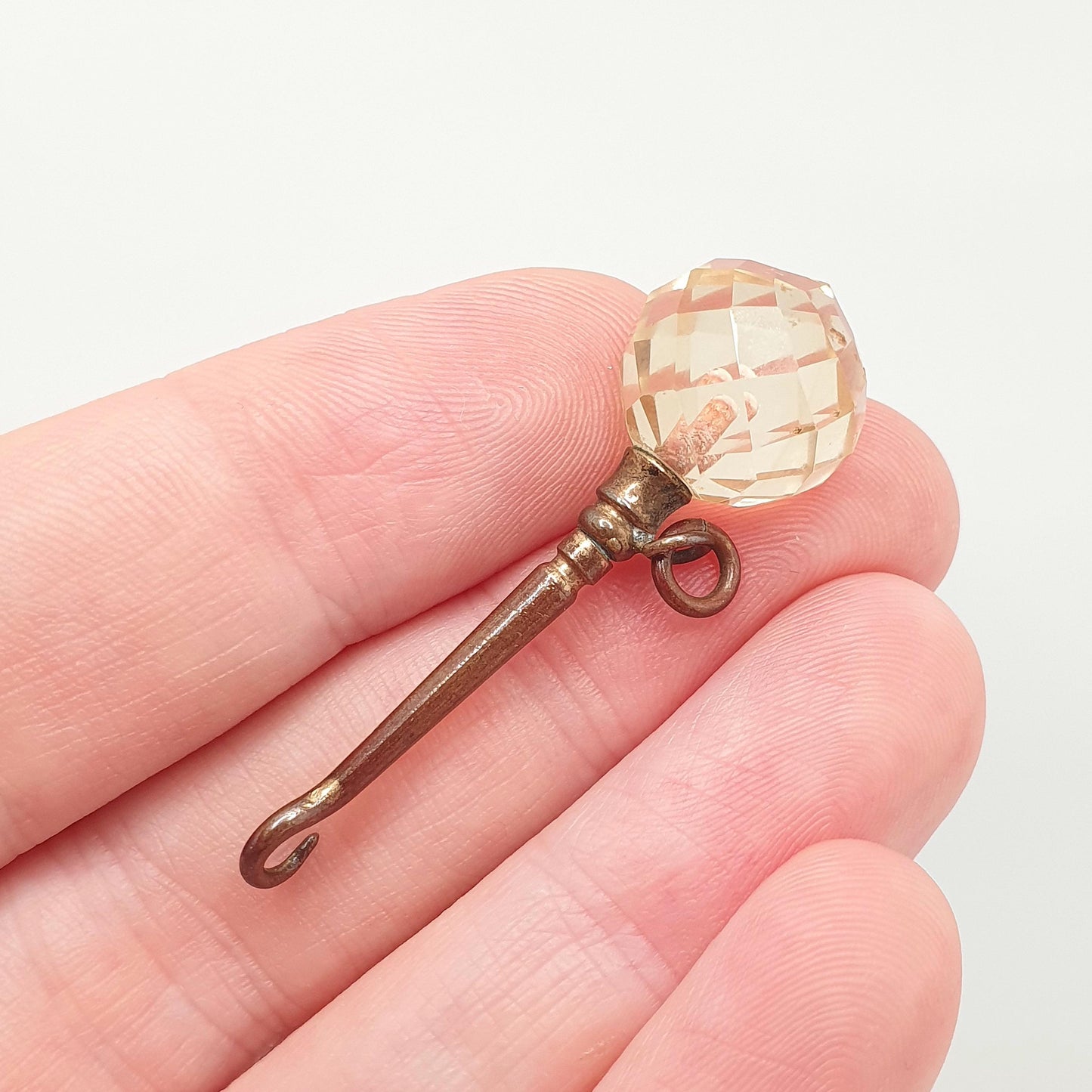 RESERVED/SOLD DON Citrine Button Hook Pendant Necklace Victorian Base Metal Genuine Bead Beall Quartz Buttons Sewing
