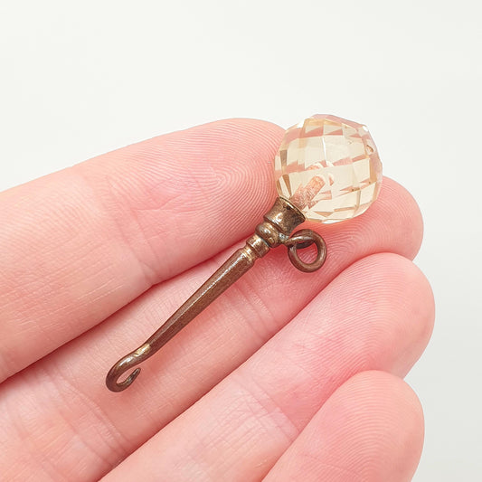 RESERVED/SOLD DON Citrine Button Hook Pendant Necklace Victorian Base Metal Genuine Bead Beall Quartz Buttons Sewing