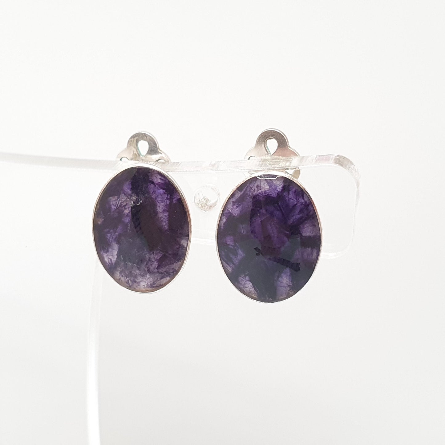 Vintage Blue John Sterling Silver Earrings Oval Cabochon Clip On Bleu Jaune Womens Solid 925 Gemstone Jewelry Jewellery