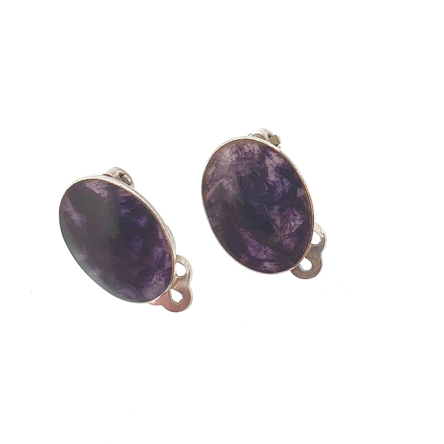 Vintage Blue John Sterling Silver Earrings Oval Cabochon Clip On Bleu Jaune Womens Solid 925 Gemstone Jewelry Jewellery