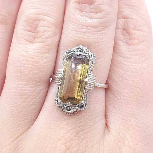 Antique Art Deco Solid Silver Citrine Paste Ring Marcasite Art Deco Vintage 1920s Orange Women Jewellery Jewelry