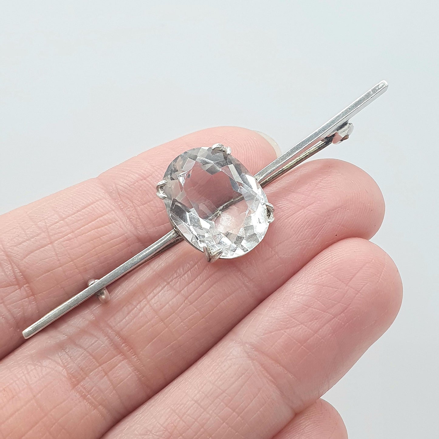Antique Solid Silver Rock Crystal Quartz Brooch Oval Cut Genuine White Gemstone Womens Jewelry Jewellery Vintage