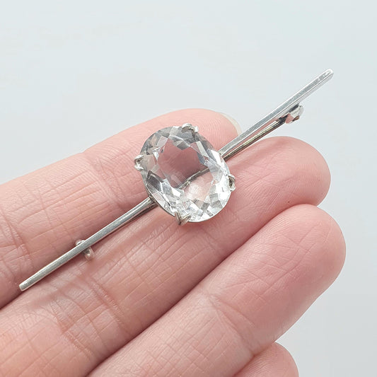Antique Solid Silver Rock Crystal Quartz Brooch Oval Cut Genuine White Gemstone Womens Jewelry Jewellery Vintage