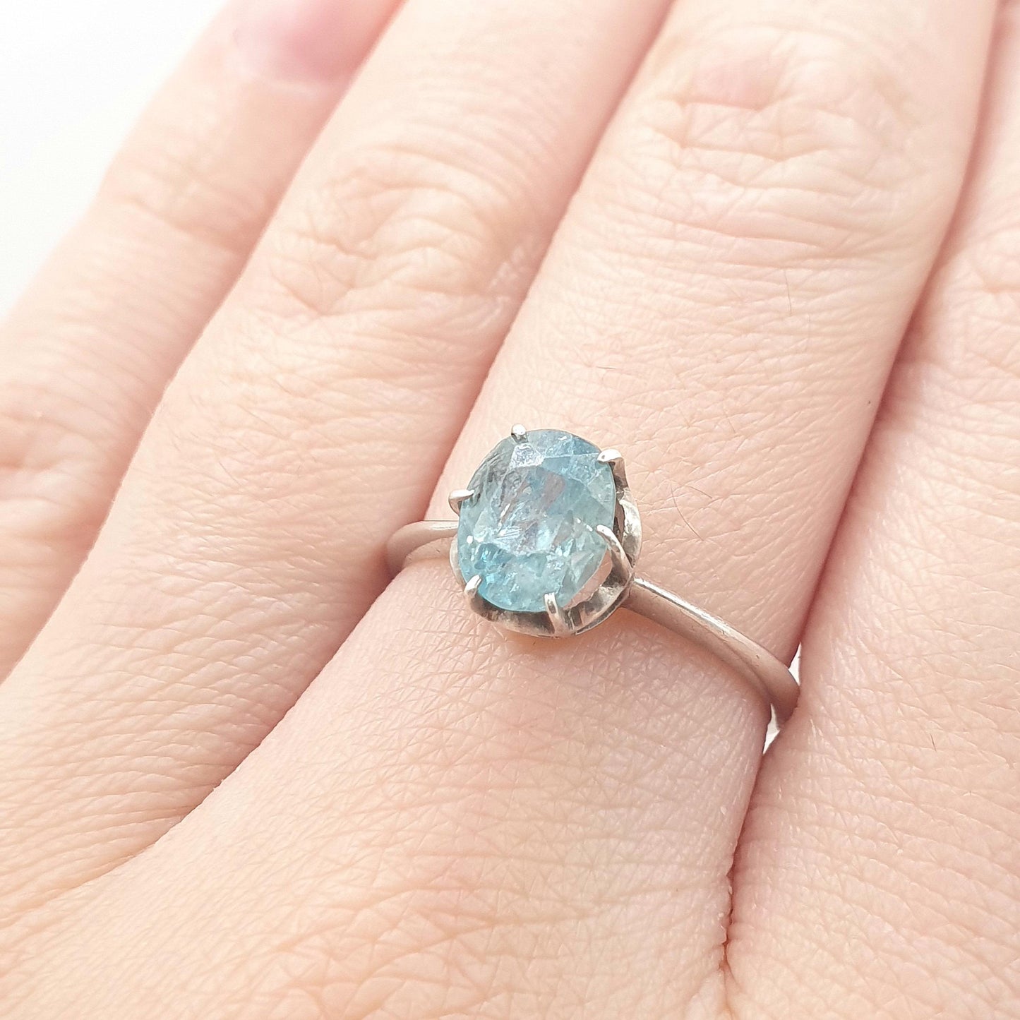Vintage Sterling Silver Natural Swiss Topaz Solitaire Ring Oval Cut Sky Blue Gemstone Solid 925 Womens Ladies Jewelry