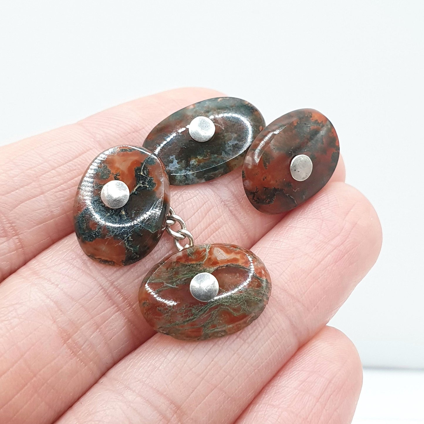 Antique Victorian Moss Agate Solid Silver Cuff Links Genuine Gemstone Quartz Oval and Chain Mens Vintage Unisex Jewelry Jewellery