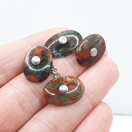 Antique Victorian Moss Agate Solid Silver Cuff Links Genuine Gemstone Quartz Oval and Chain Mens Vintage Unisex Jewelry Jewellery