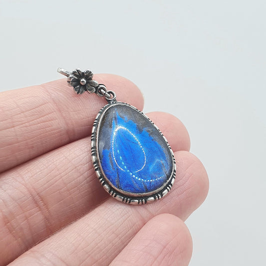 Antique Art Deco Sterling Silver Butterfly Wing Pendant TLM Thomas L Mott Vintage 1920s Blue Bug Fly Insect Jewelry Jewellery Womens