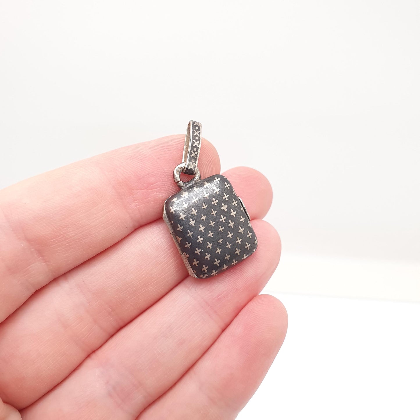 Antique Solid Silver Niello Locket Victorian Rectangular Austro Hungarian Necklace Pendant Cross Pattern Vintage Jewelry Jewellery