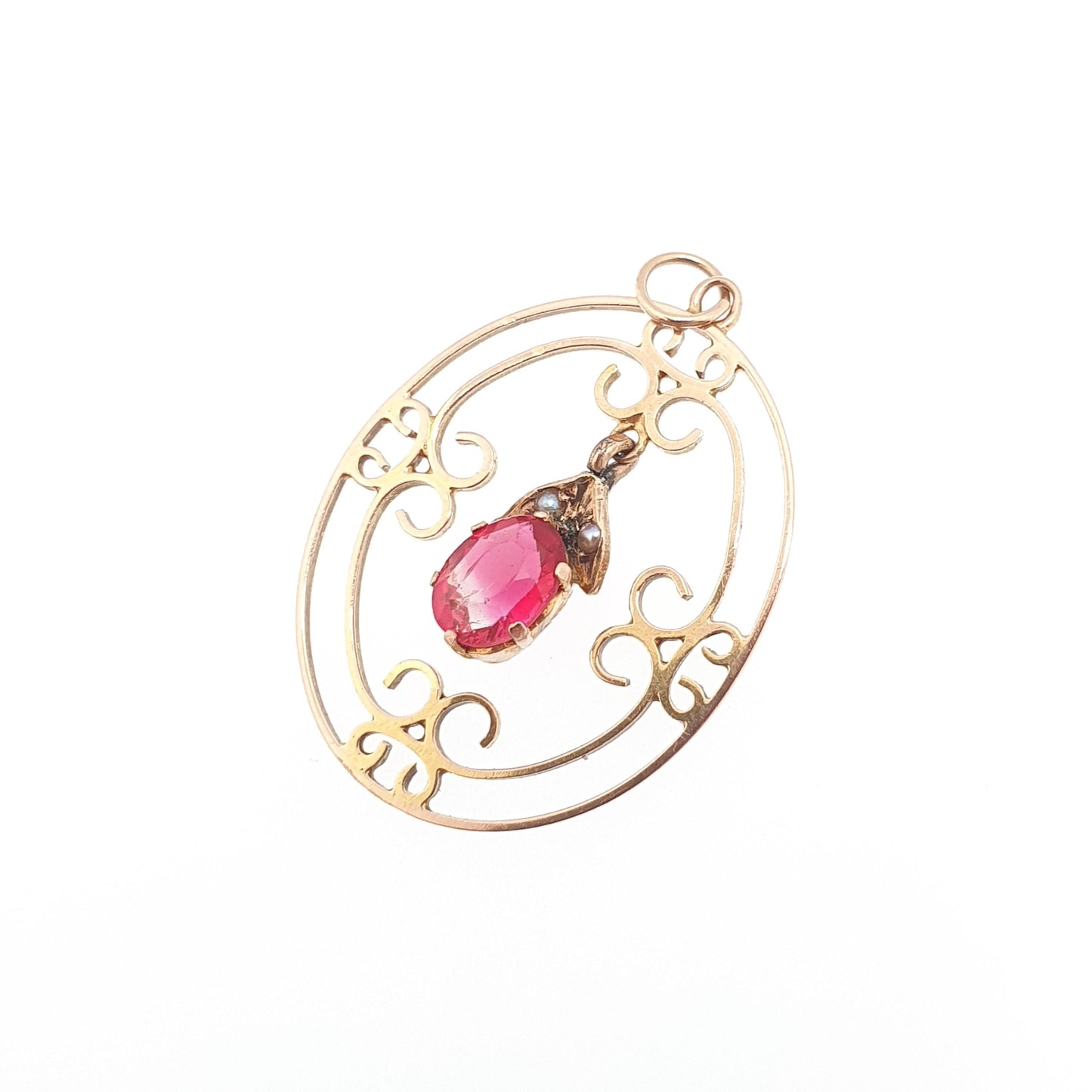 Antique 9ct Gold Pink Tourmaline Necklace Pendant Solid 9kt 9k Openwork Art Nouveau Seed Pearl Vintage Jewelry Jewellery