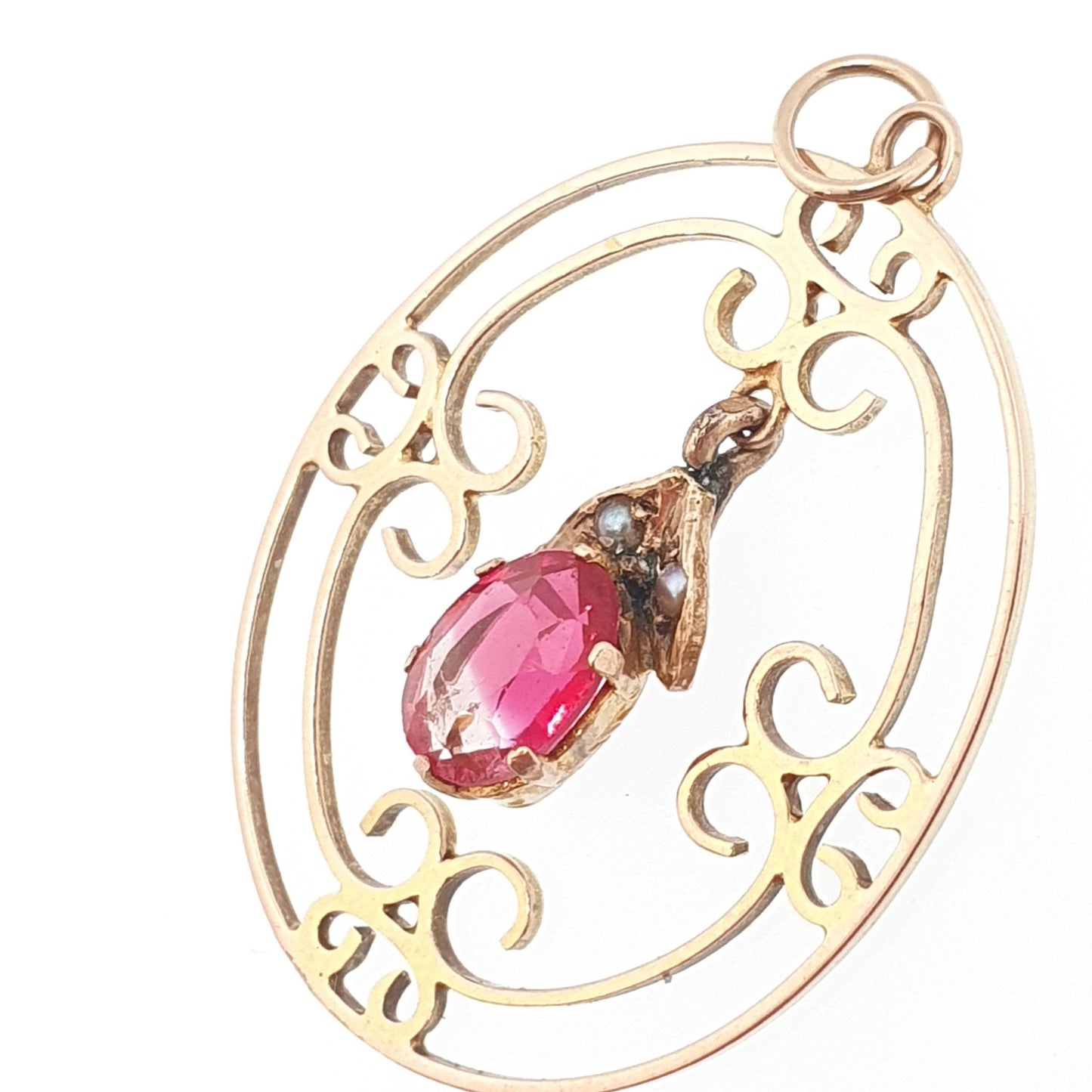 Antique 9ct Gold Pink Tourmaline Necklace Pendant Solid 9kt 9k Openwork Art Nouveau Seed Pearl Vintage Jewelry Jewellery