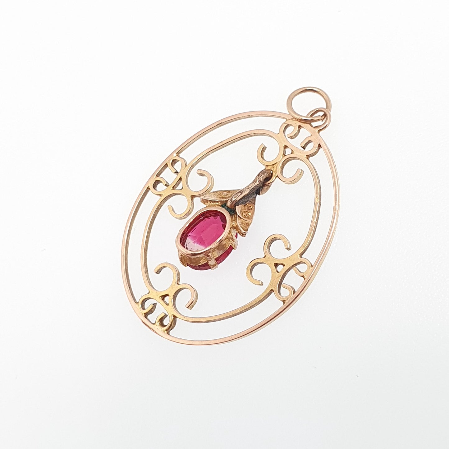 Antique 9ct Gold Pink Tourmaline Necklace Pendant Solid 9kt 9k Openwork Art Nouveau Seed Pearl Vintage Jewelry Jewellery