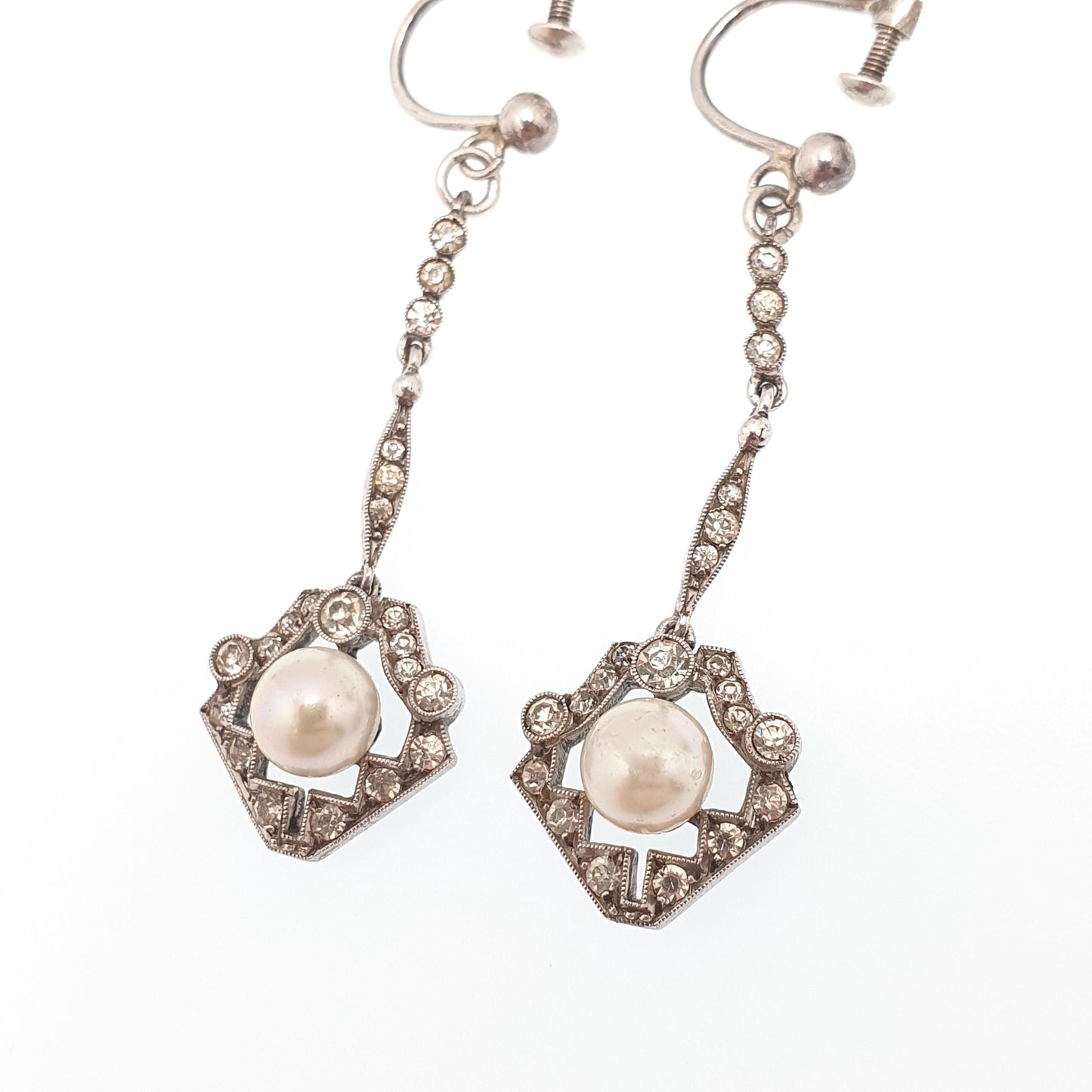 Antique Solid Silver Diamond Paste Earrings Art Deco Simulated Pearl Chandelier Dangling Drop Geometric Hanging Vintage Jewelry Jewellery