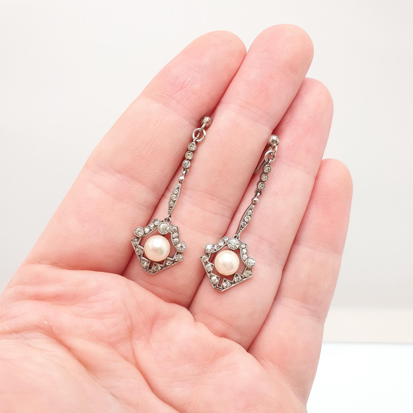 Antique Solid Silver Diamond Paste Earrings Art Deco Simulated Pearl Chandelier Dangling Drop Geometric Hanging Vintage Jewelry Jewellery