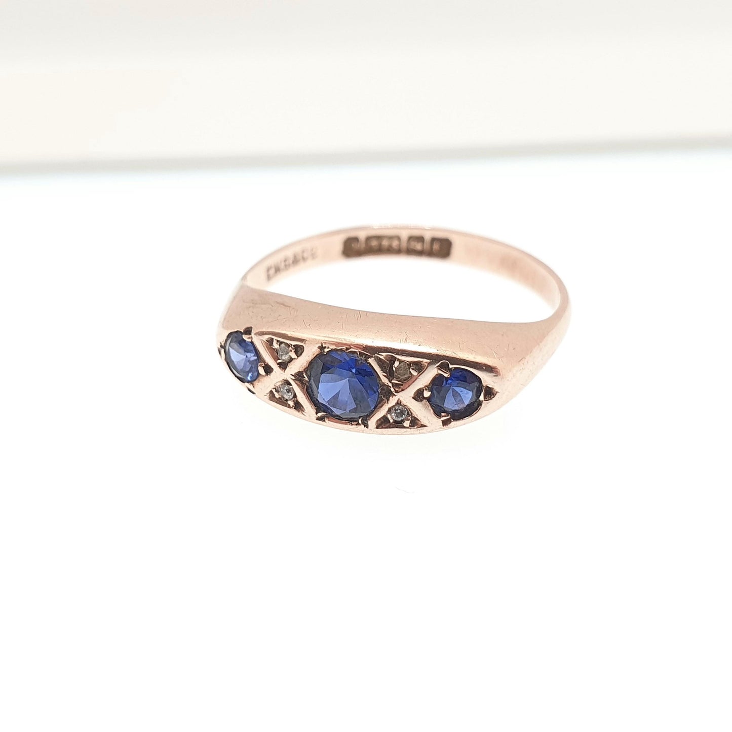 Antique 9ct Gold Sapphire & Diamond Ring 1918 Hallmark Rose Gold Solid 375 9k 9kt Vintage Jewelry Jewellery