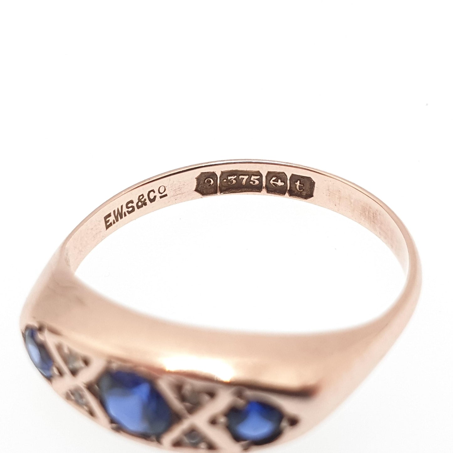 Antique 9ct Gold Sapphire & Diamond Ring 1918 Hallmark Rose Gold Solid 375 9k 9kt Vintage Jewelry Jewellery