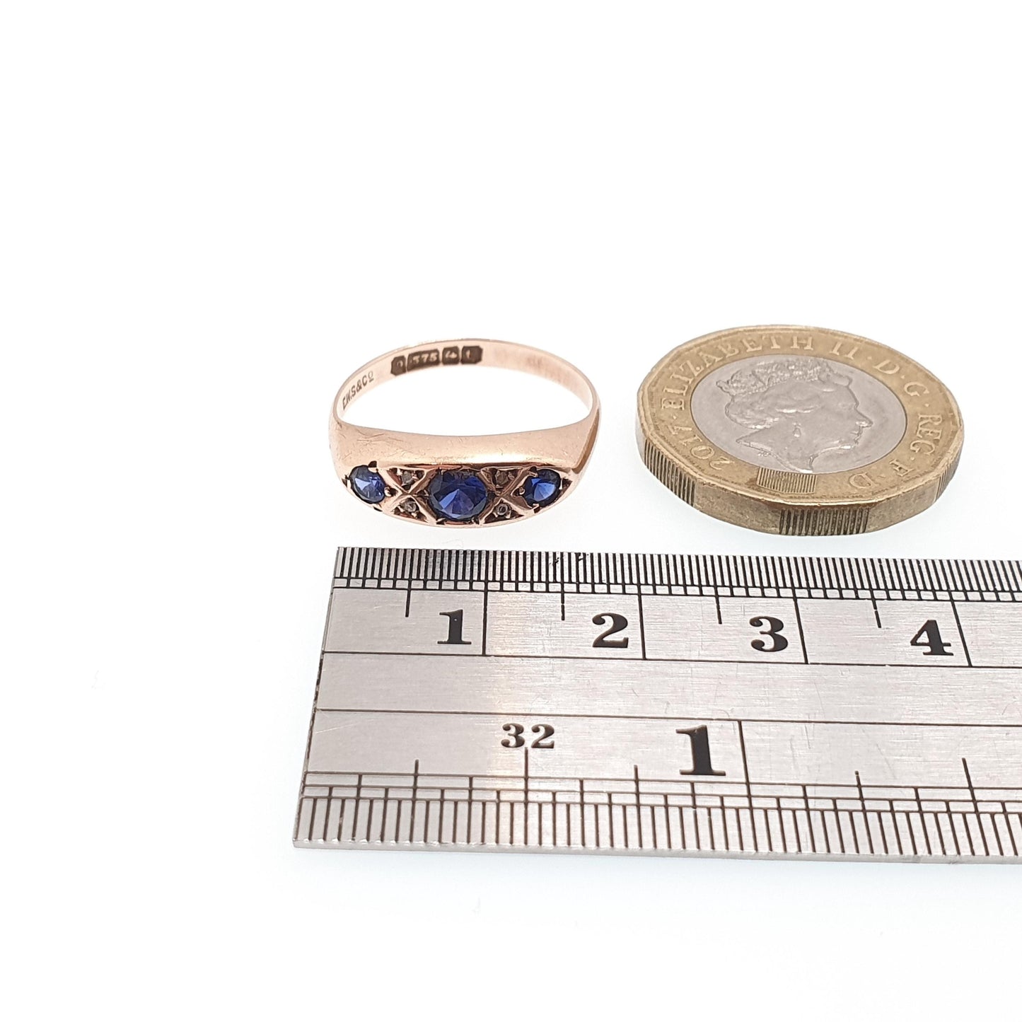 Antique 9ct Gold Sapphire & Diamond Ring 1918 Hallmark Rose Gold Solid 375 9k 9kt Vintage Jewelry Jewellery