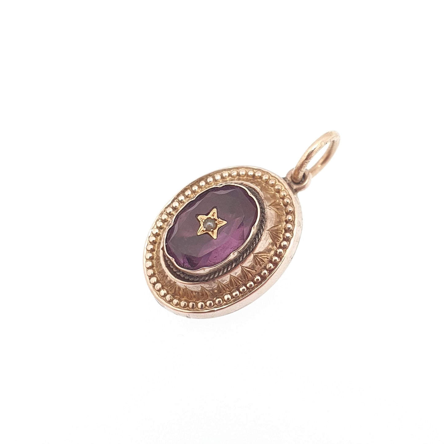 Antique Rolled Gold Amethyst Paste Necklace Pendant Star Centre Seed Pearl Victorian Gold Filled Vintage Jewellery Jewelry