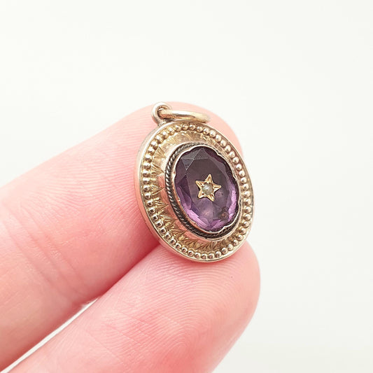 Antique Rolled Gold Amethyst Paste Necklace Pendant Star Centre Seed Pearl Victorian Gold Filled Vintage Jewellery Jewelry