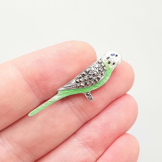 RESERVED/SOLD DON Antique Sterling Silver Budgie Brooch Enamel Bird Marcasite Art Deco Green Parakeet Vintage Ladies Womens Jewelry