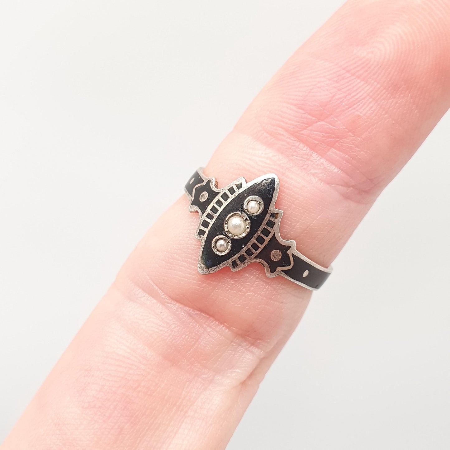 Antique Victorian Solid Silver Black Enamel Ring Mourning Seed Pearl Navette Marquise Vintage Jewelry Jewellery