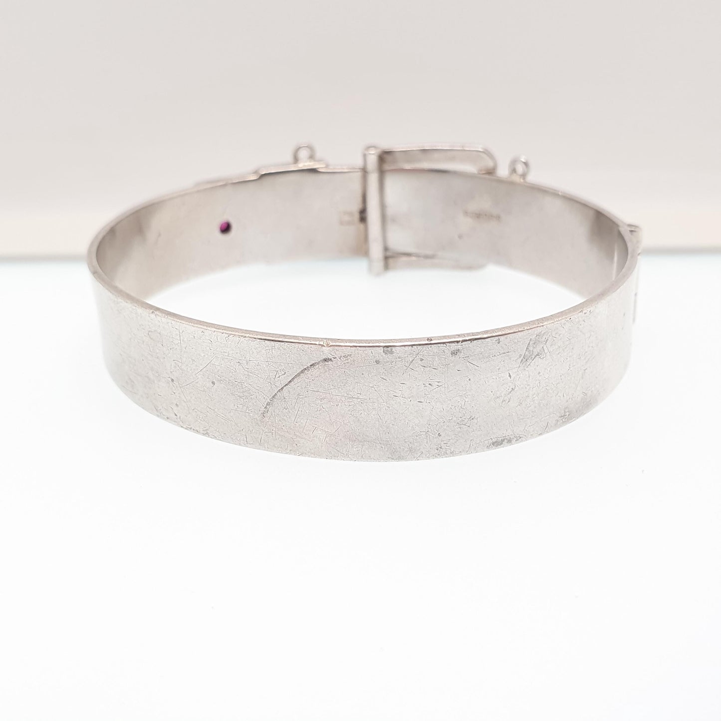 Vintage Sterling Silver Ruby Belt Buckle Bracelet Bangle Star Pattern 1970 Hallmark 35.53g Heavy Genuine Gemstone Jewelry Jewellery