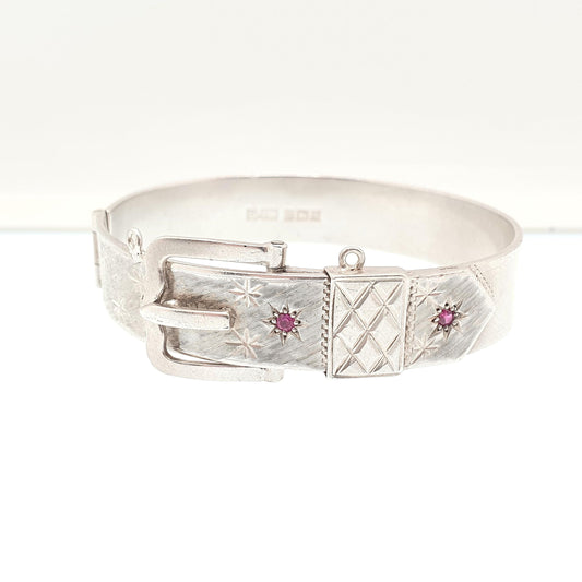 Vintage Sterling Silver Ruby Belt Buckle Bracelet Bangle Star Pattern 1970 Hallmark 35.53g Heavy Genuine Gemstone Jewelry Jewellery