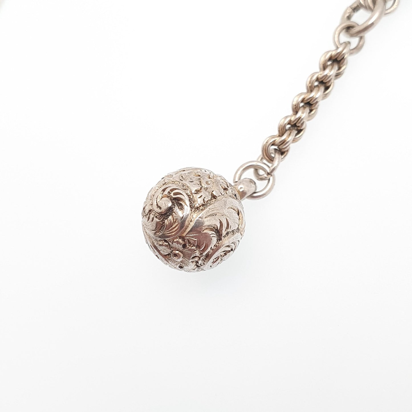 Antique Victorian Sterling Silver Ball Pendant Rope Link Chain Necklace 40cm 15.7" 22.60g Albert Chain 1800s Charm Jewelry Jewelry