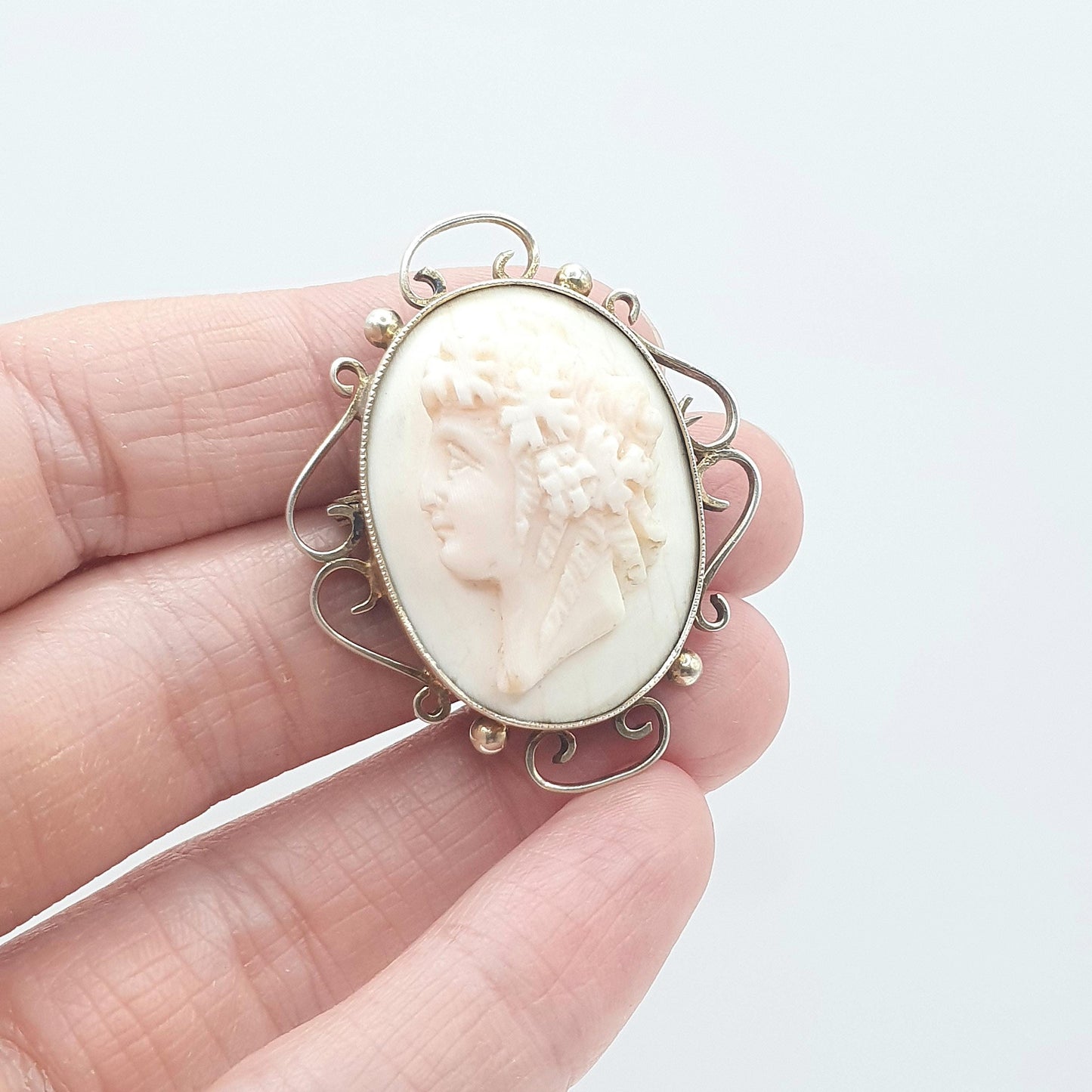 Antique Victorian Sterling Silver Gold Vermeil Cameo Brooch Pin Dionysius Greek God Vintage Womens Jewelry Jewellery
